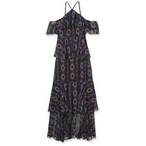 Cynthia Rowley Romantic Tiered Ruffle Maxi Dress, Black Blue Mod Floral Size 4